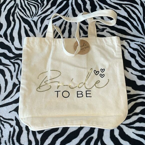 New Eccolo gold lettering bride to be heart simple beige canvas mini tote bag - Picture 5 of 10